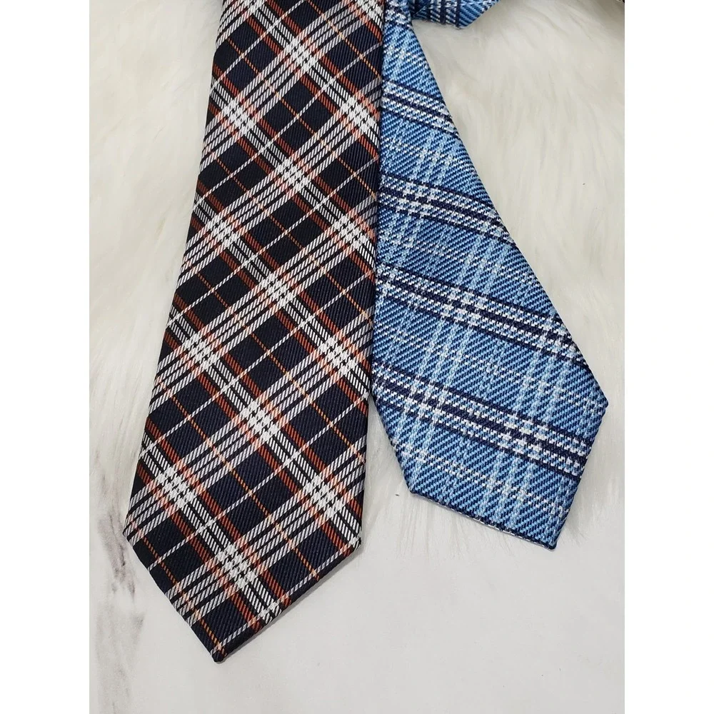 NWT 2 Jos A Bank Traveler 100% Silk Tie Brown Navy Blue Plaid Check Necktie Blue